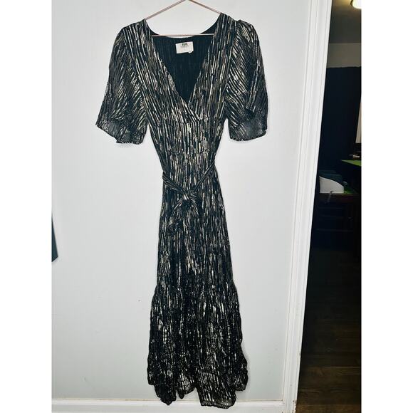 BA&SH Black Gold Metallic V-Neckline Nixon Short Sleeve Maxi Dress Size US 6 - Picture 7 of 16